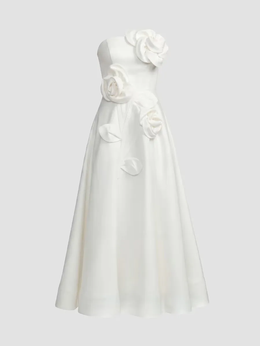 Mac Duggal Floral Satin Strapless Midi Dress by M.A.C.