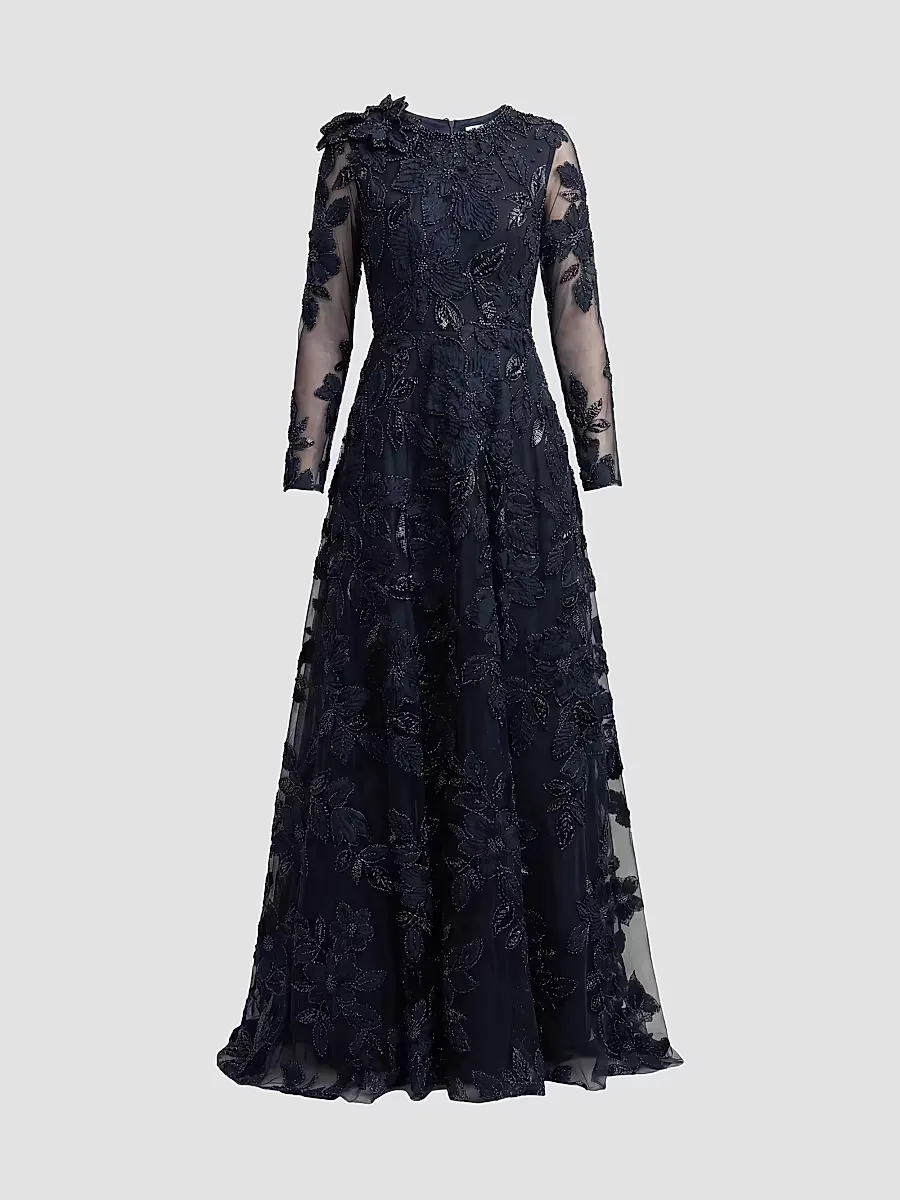 Mac Duggal Floral Mesh Long-Sleeve Gown by M.A.C.