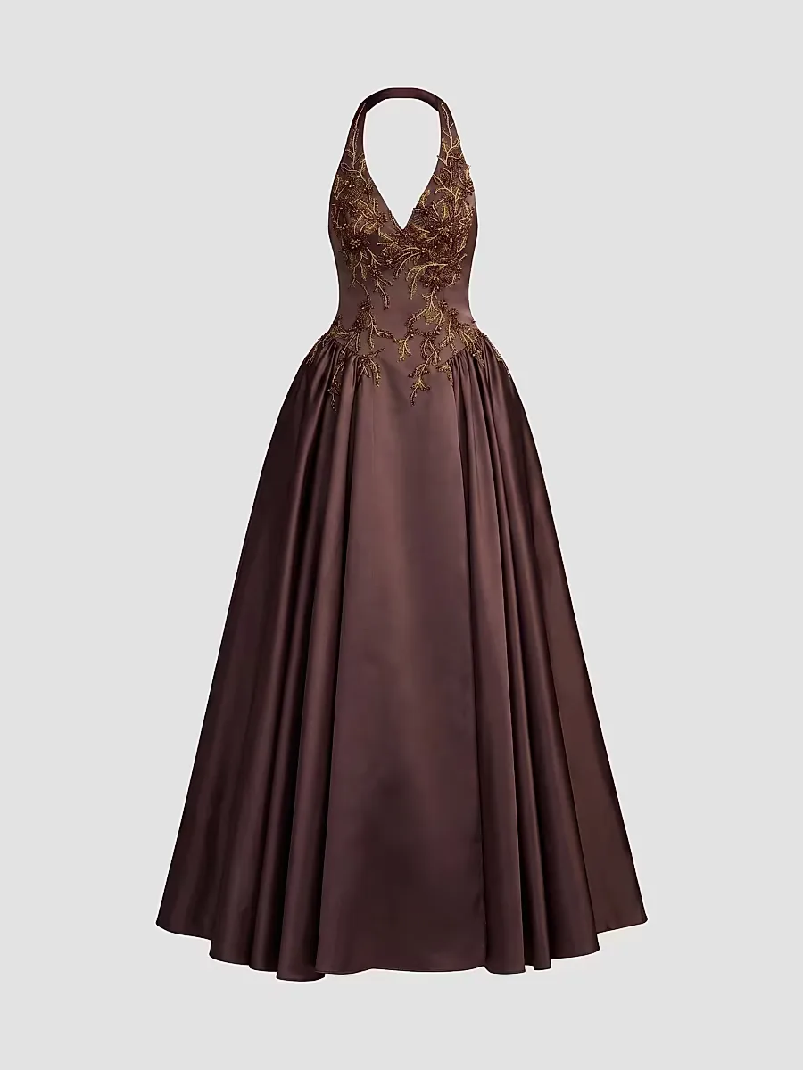 Mac Duggal Satin Beaded-Bodice Gown by M.A.C.
