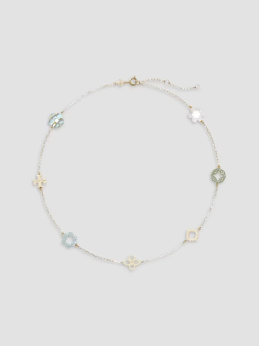 Forget Me Not 18K-Gold-Plated & Mixed-Media Charm Necklace by Tory Burch