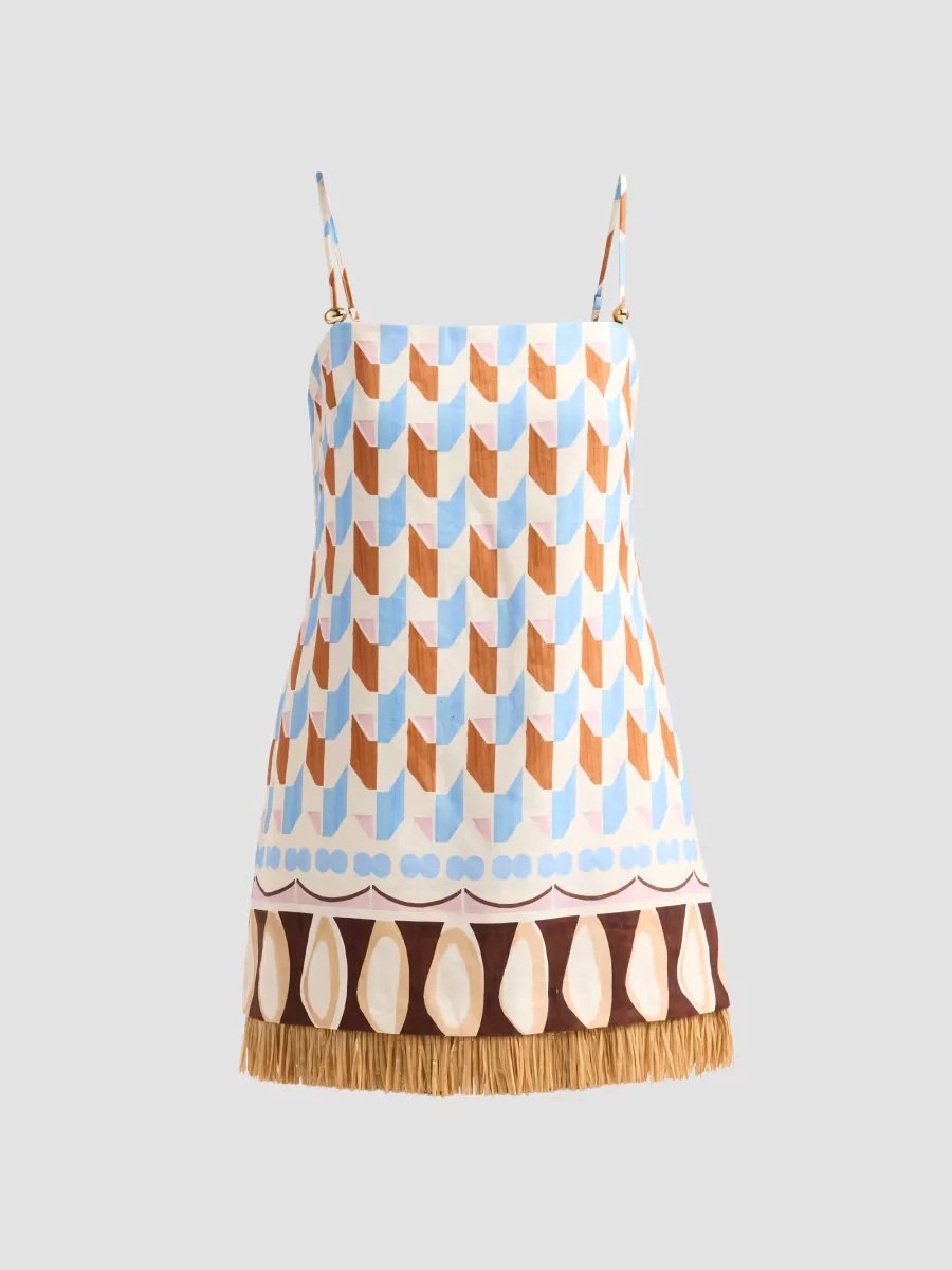 Valencia Geometri Raffia Fringe Mini Dress by Cara Cara