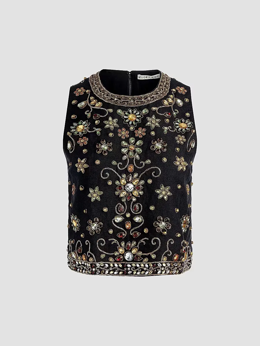 Amal Embellished Linen Boxy Sleeveless Top by Alice + Olivia