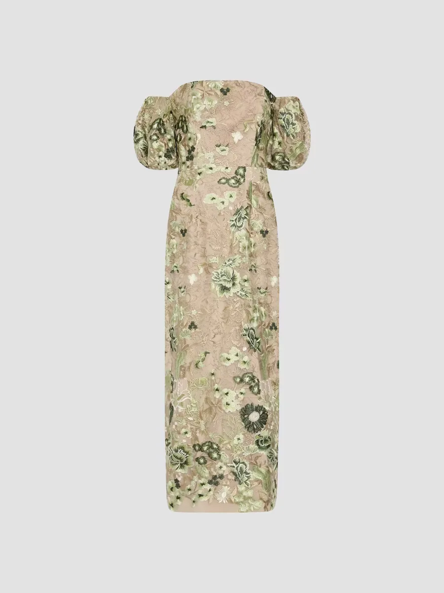Nene Embroidered Off-the-Shoulder Column Midi-Dress by Milly