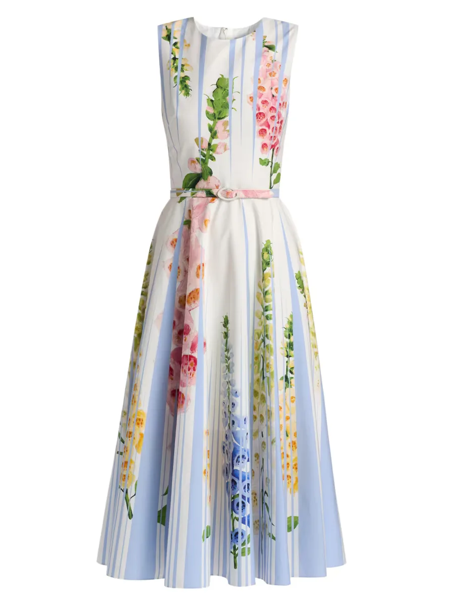 Pleated Foxgloves-Print Cotton Poplin Midi-Dress by Oscar de la Renta