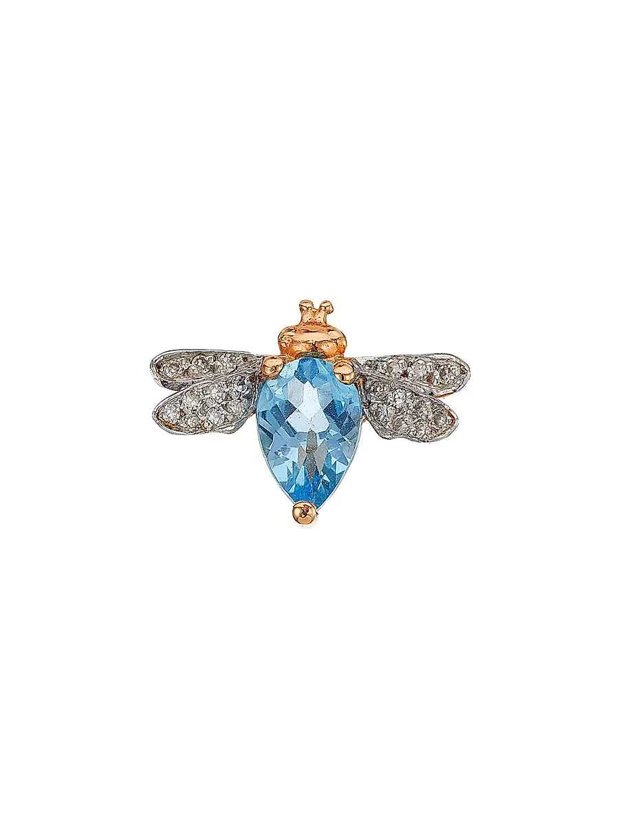 Honey 14K Rose Gold, Blue Topaz & 0.02 TCW Diamond Bee Stud Earring by Goddess