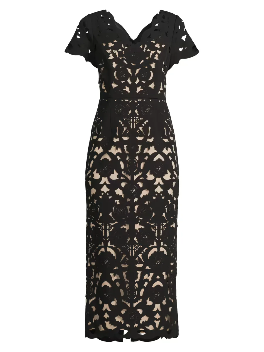 Floral Crepe Laser-Cut Midi-Dress