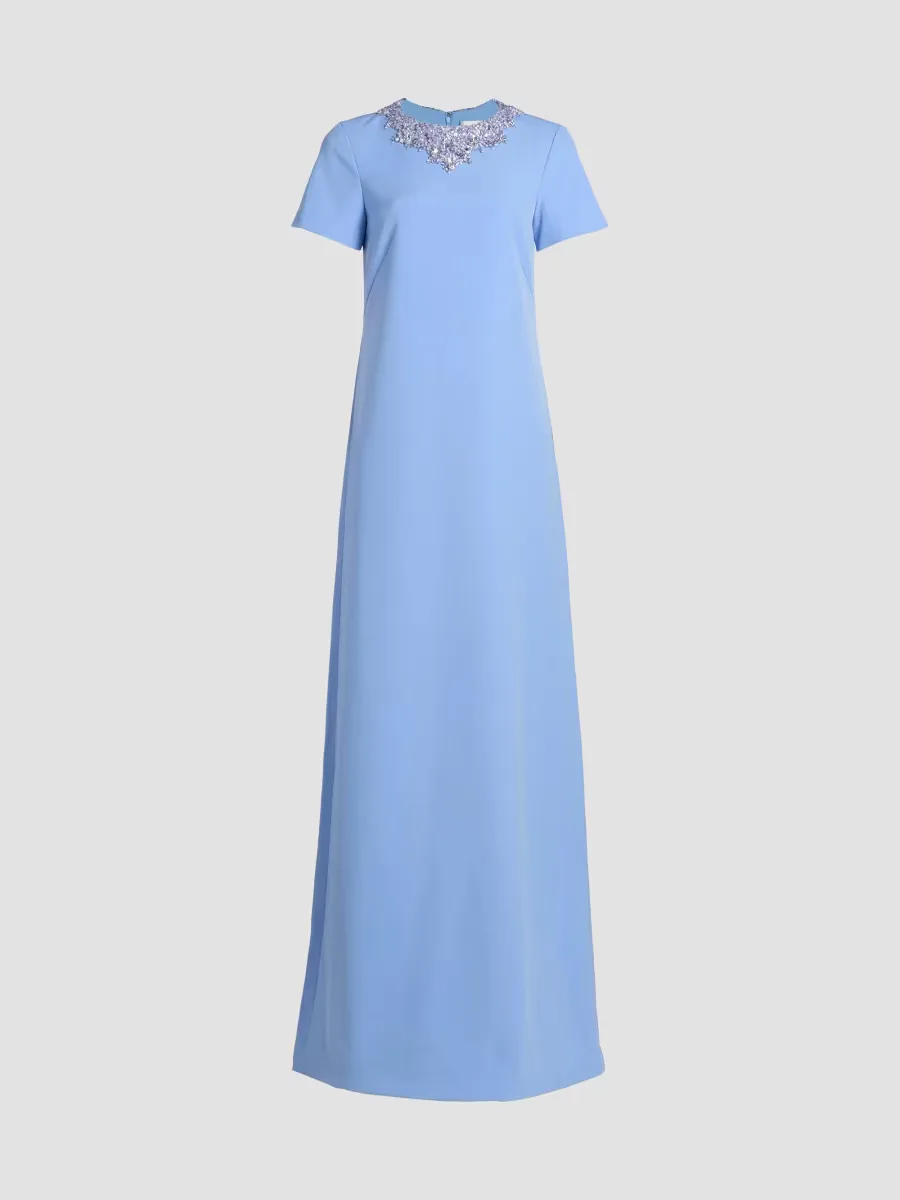 Embellished Neckline Crepe A-Line Gown by Pamella Roland