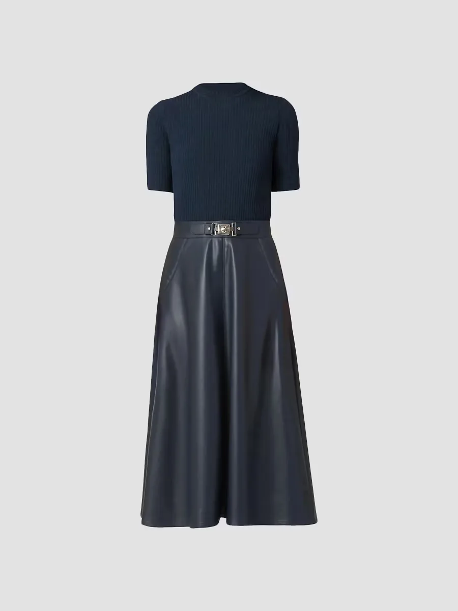 Angela Mixed-Media Faux-Leather Midi-Dress