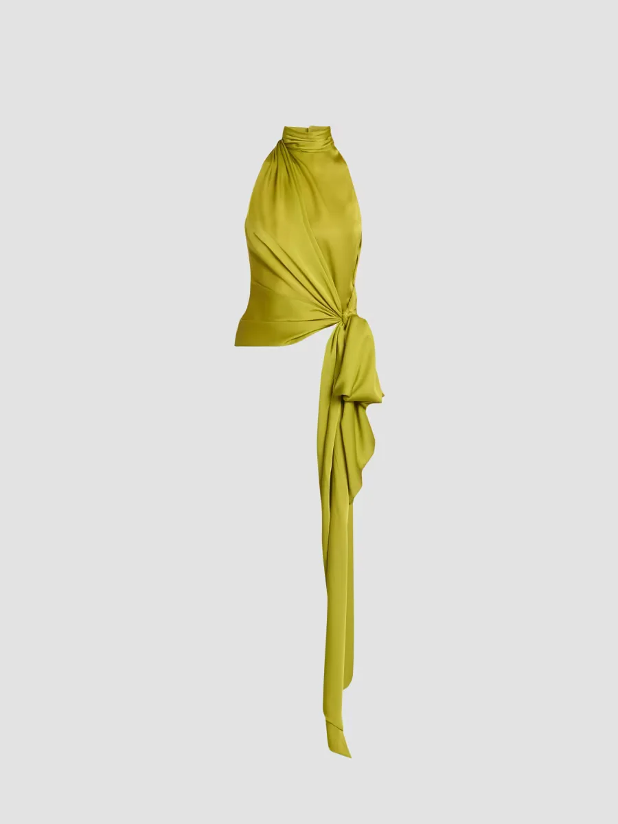 Turtleneck Bow Silk Charmeuse Sleeveless Top