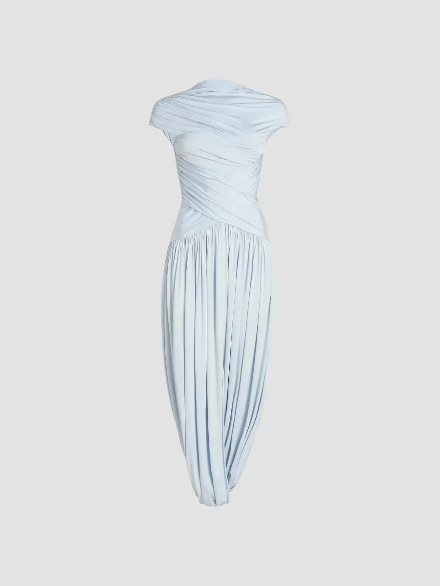 Ruched Twist-Front Jersey Midi-Dress