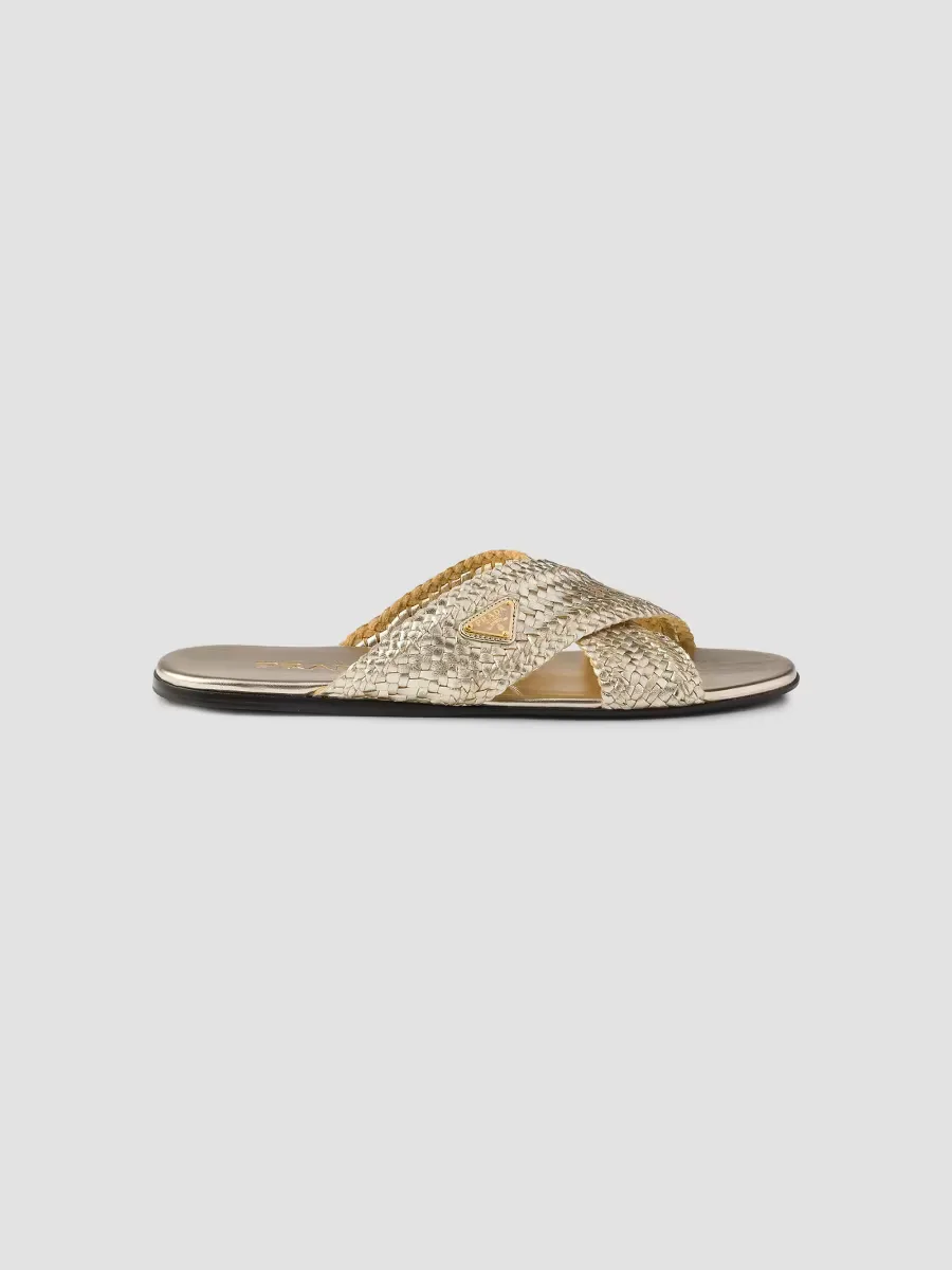 Prada Woven Leather Crisscross Slides by Prada