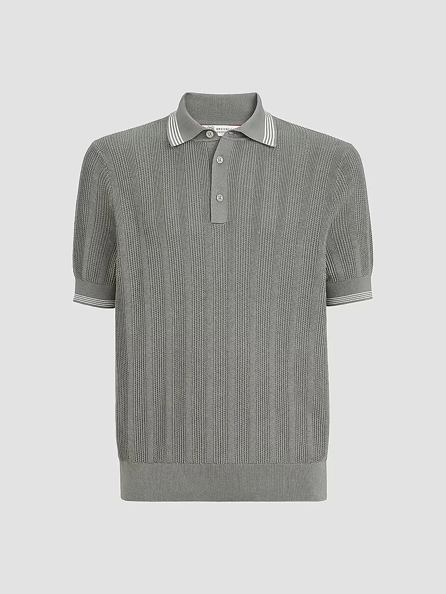 Cotton Textured Rib Knit Polo Shirt by Brunello Cucinelli
