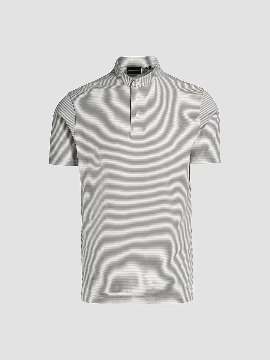 Emporio Armani Nehru Striped Cotton Jersey Band-Collar Polo Shirt by Armani