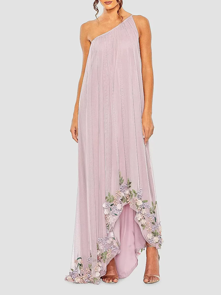 Asymmetric Floral Chiffon High-Low Gown by M.A.C.