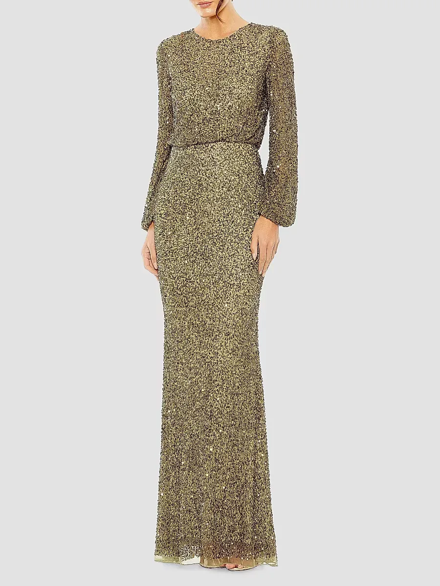 Sequined Blouson Column Gown by M.A.C.