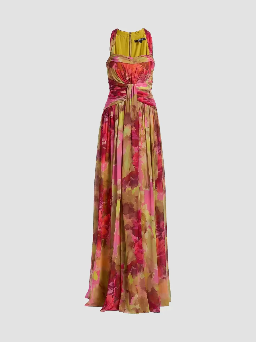 Pleated Floral Chiffon Gown