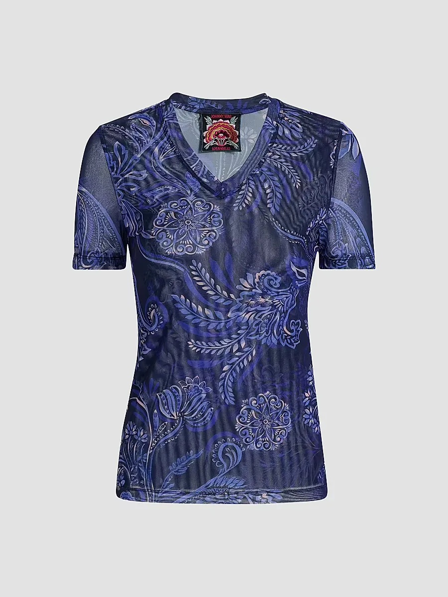 Floral Mesh V-Neck T-Shirt by Johnny Was