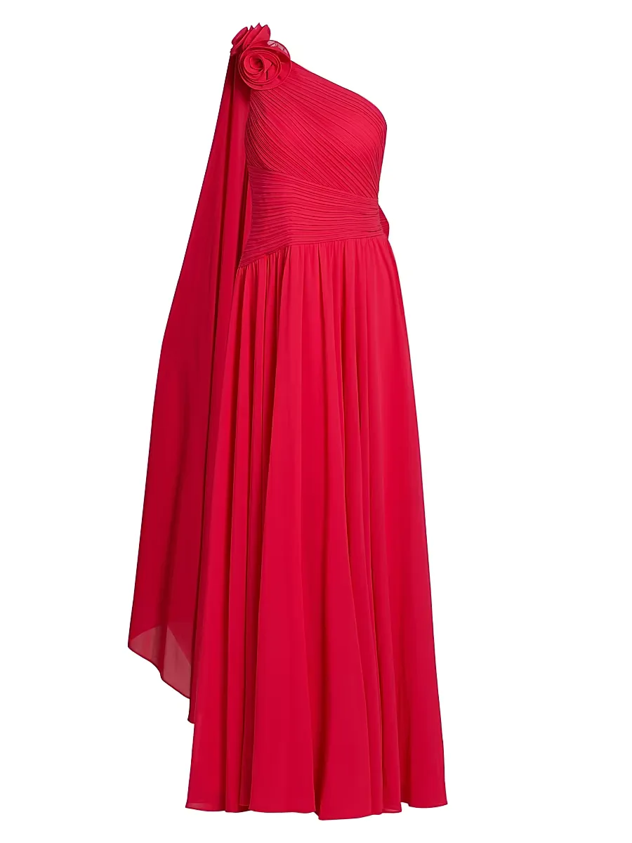 Pleated Chiffon One-Shoulder Gown by Teri Jon