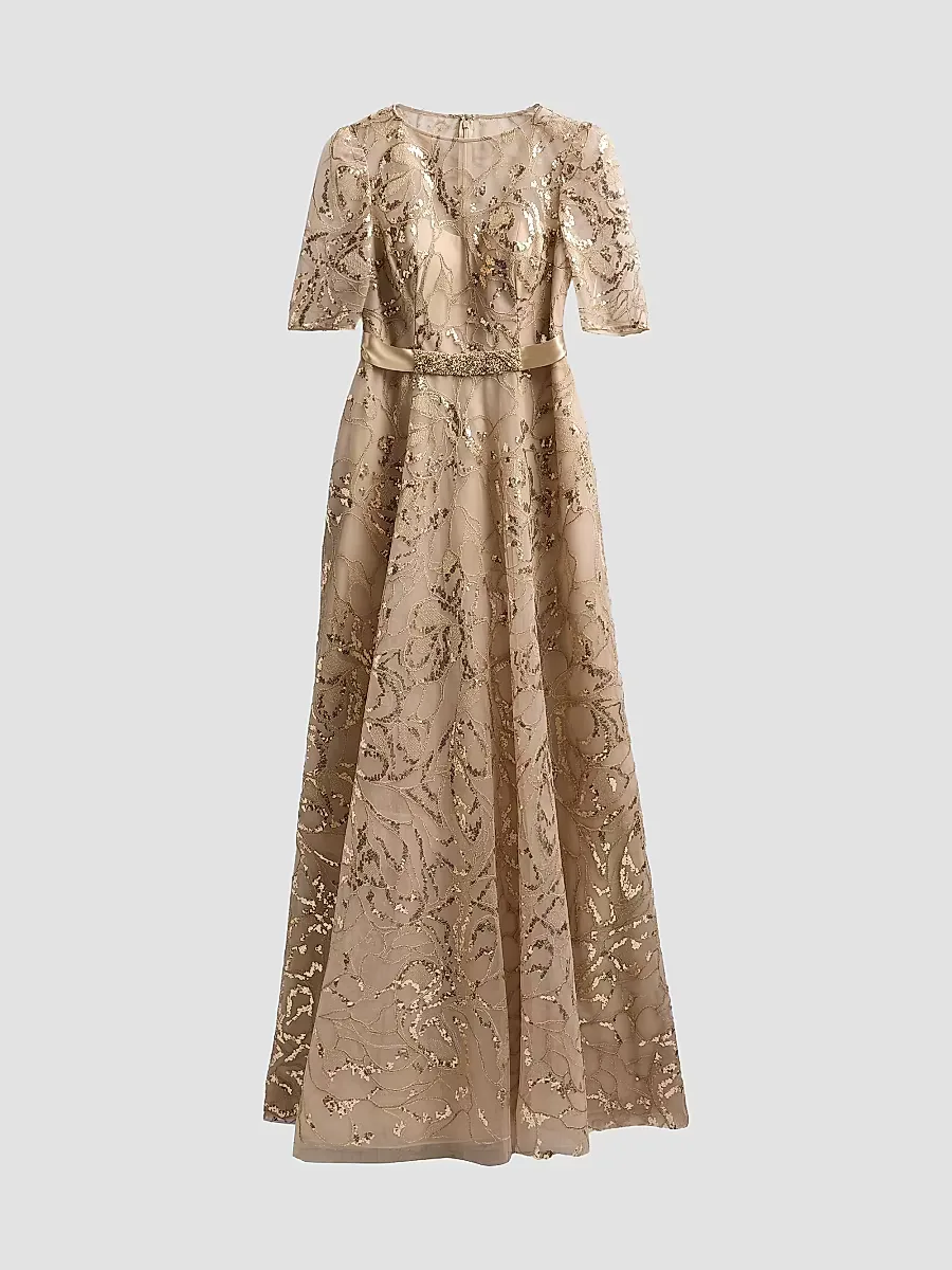 Sequined Floral Tulle Gown by Teri Jon