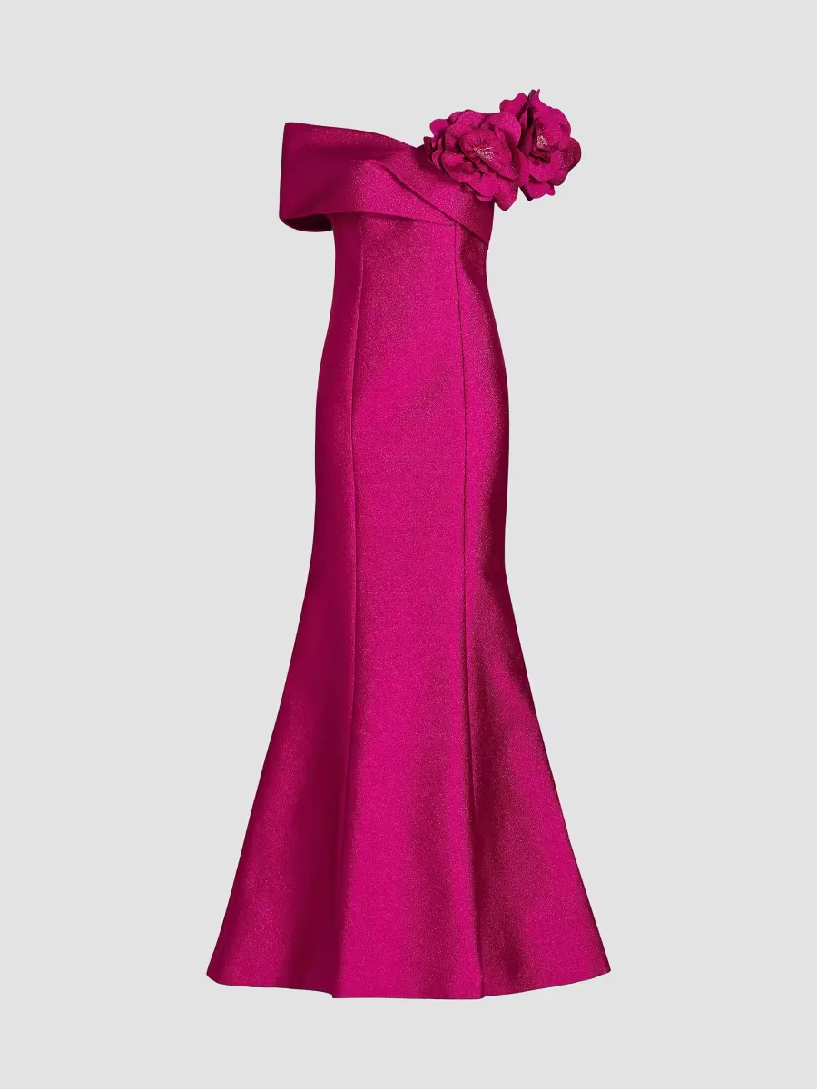 Flower Off-Shoulder Jacquard Gown by Teri Jon