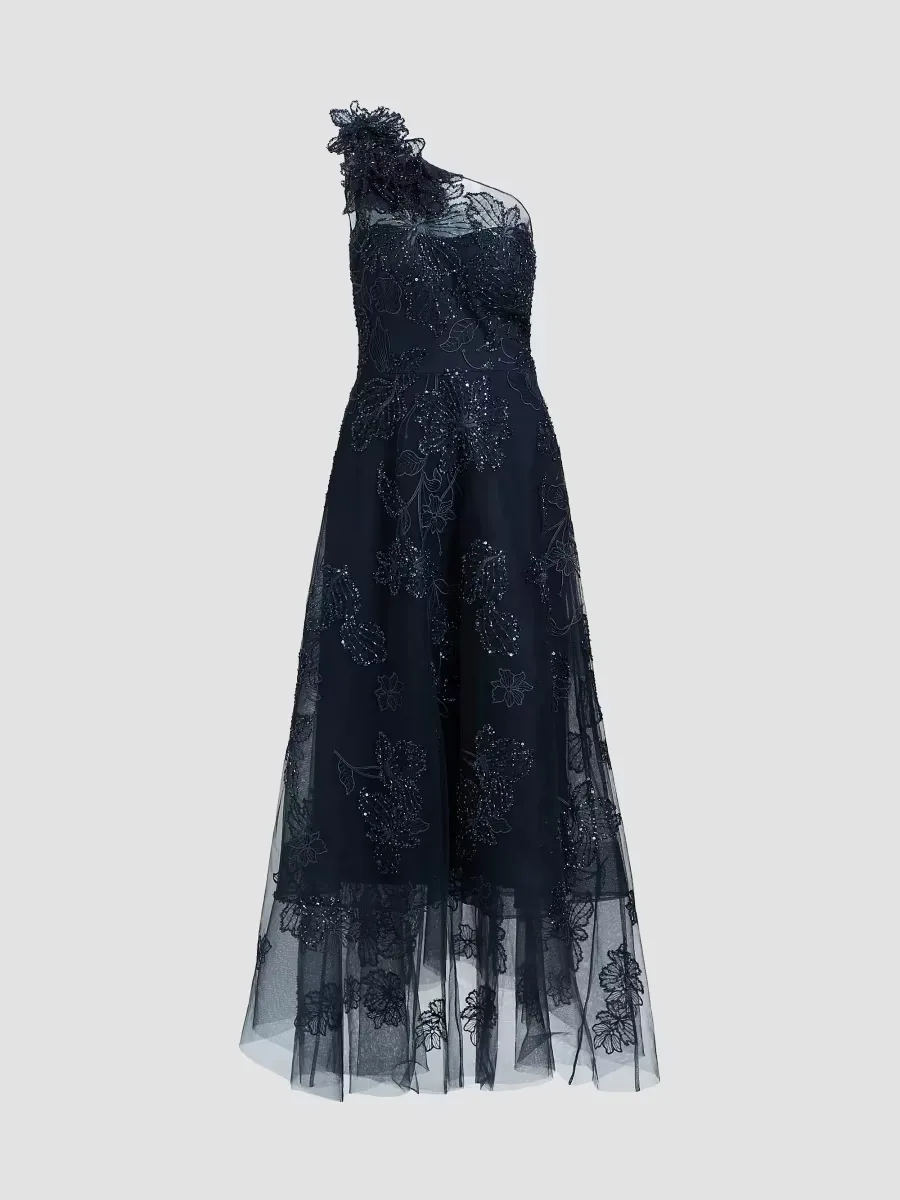Flower Embellished One-Shoulder Tea-Length Dress