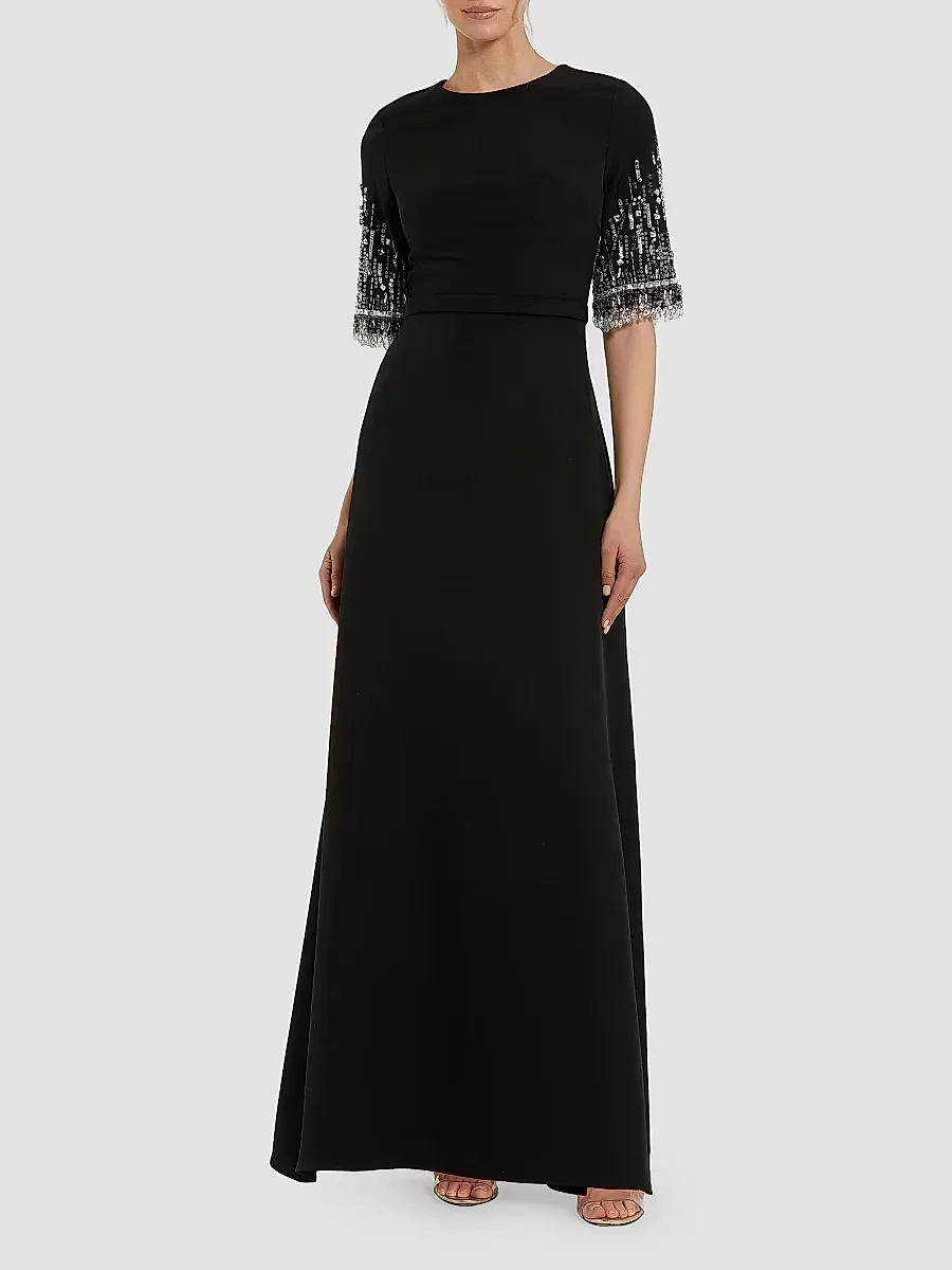Mac Duggal Crepe Beaded-Sleeve A-Line Gown by M.A.C.
