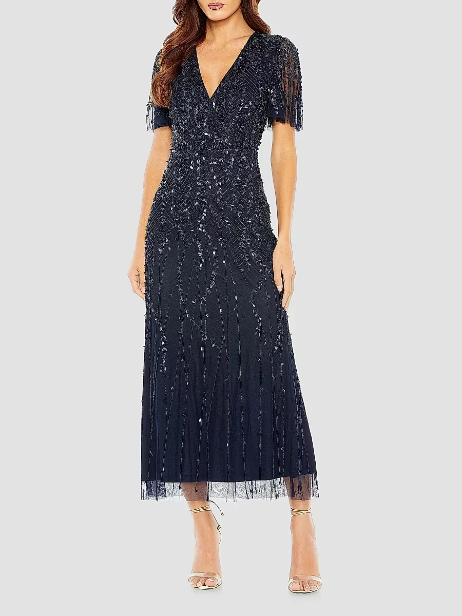 Mac Duggal Beaded Sheath Short-Sleeve Midi-Dress