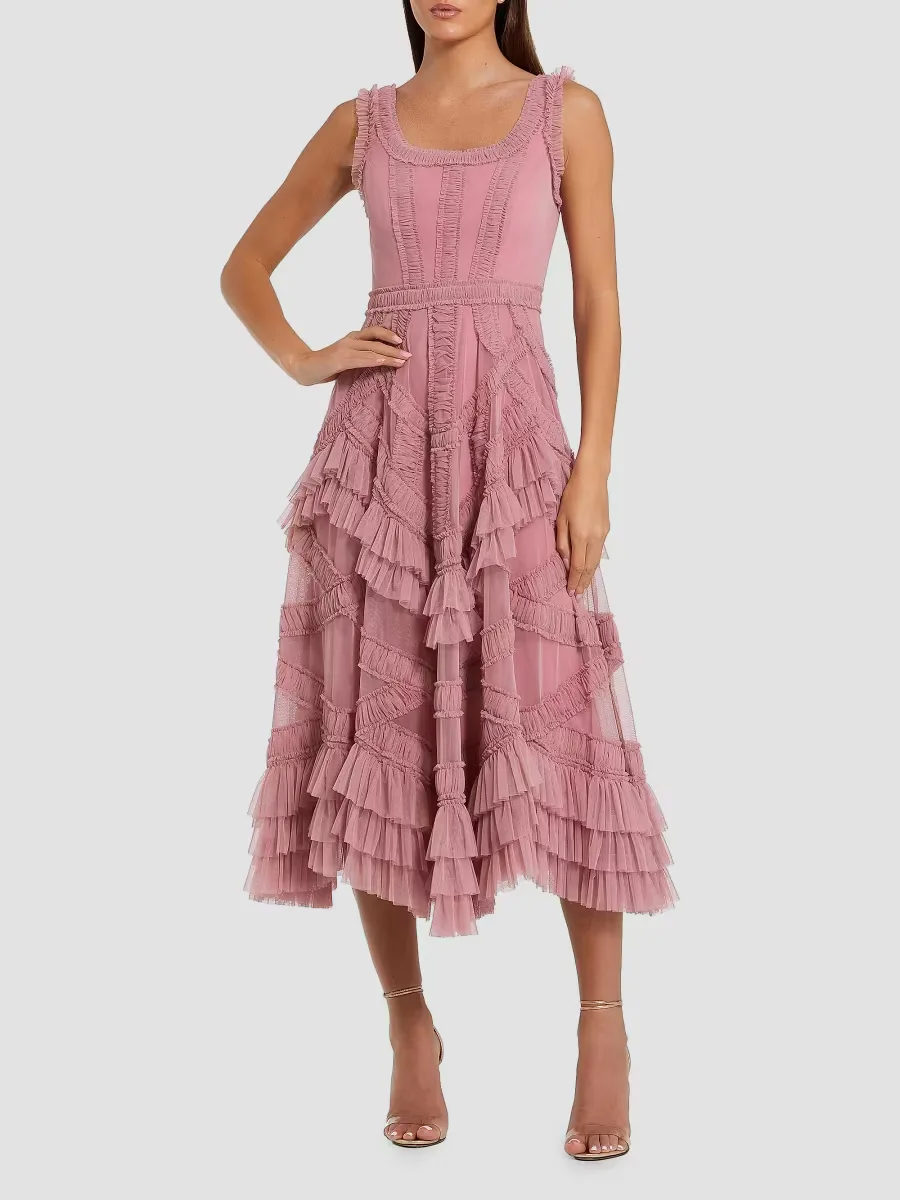 Mac Duggal Mesh Ruffled Scoopneck Midi-Dress by M.A.C.