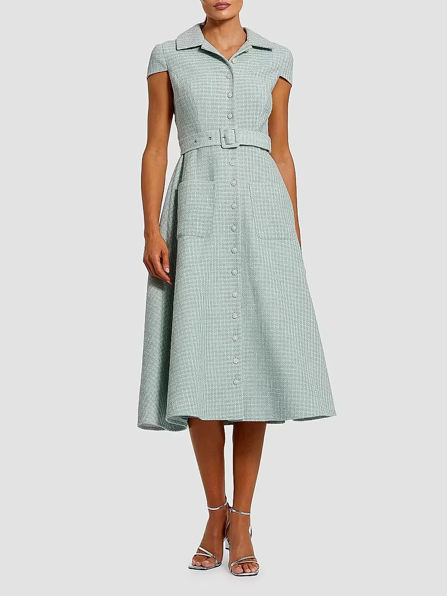 Mac Duggal Tweed Belted Midi-Shirtdress by M.A.C.