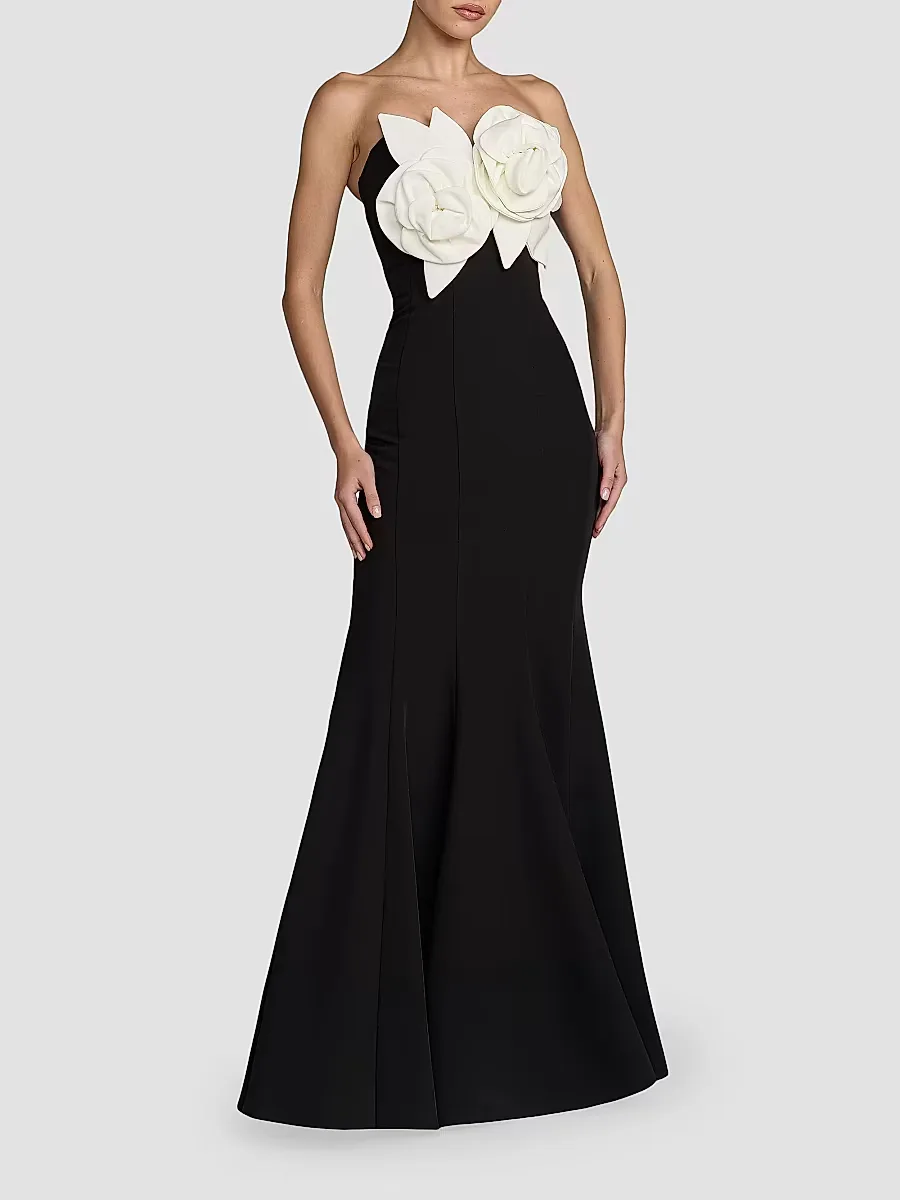 Mac Duggal Ieena Floral-Appliquéd Satin Mermaid Gown