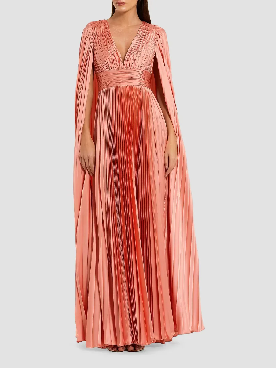 Mac Duggal Metallic Pleated Charmeuse Cape Gown by M.A.C.