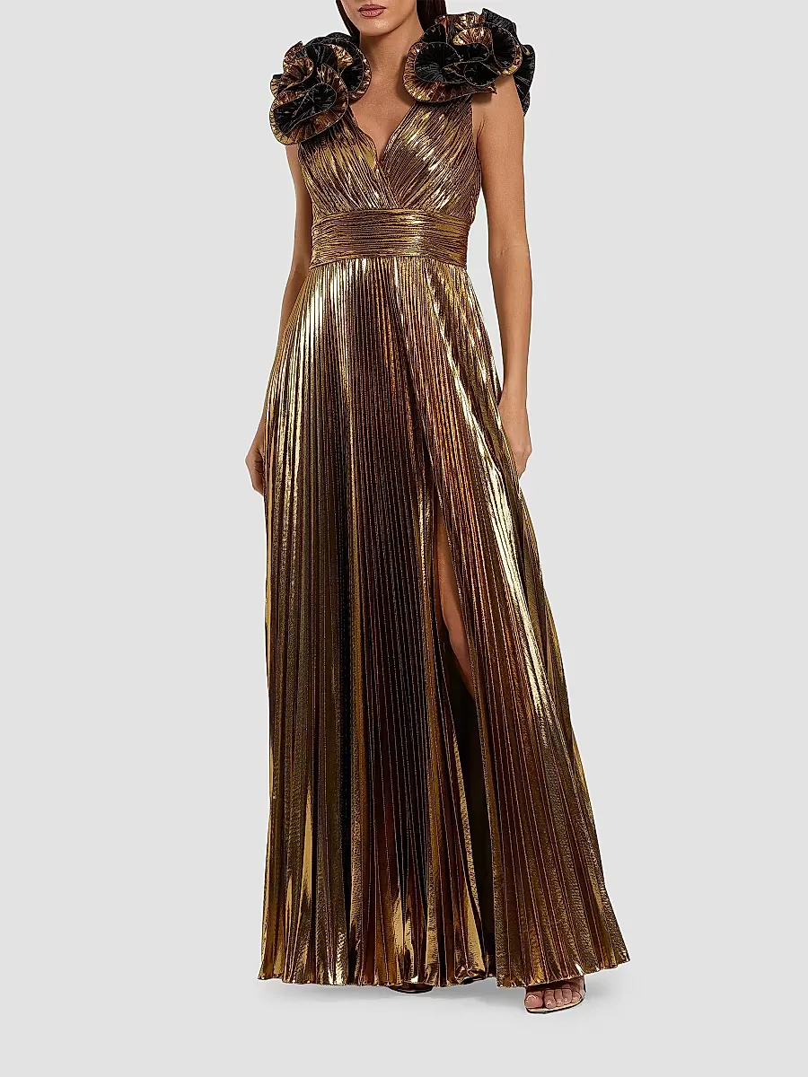 Mac Duggal Pleated Metallic Ruffle-Trim Gown