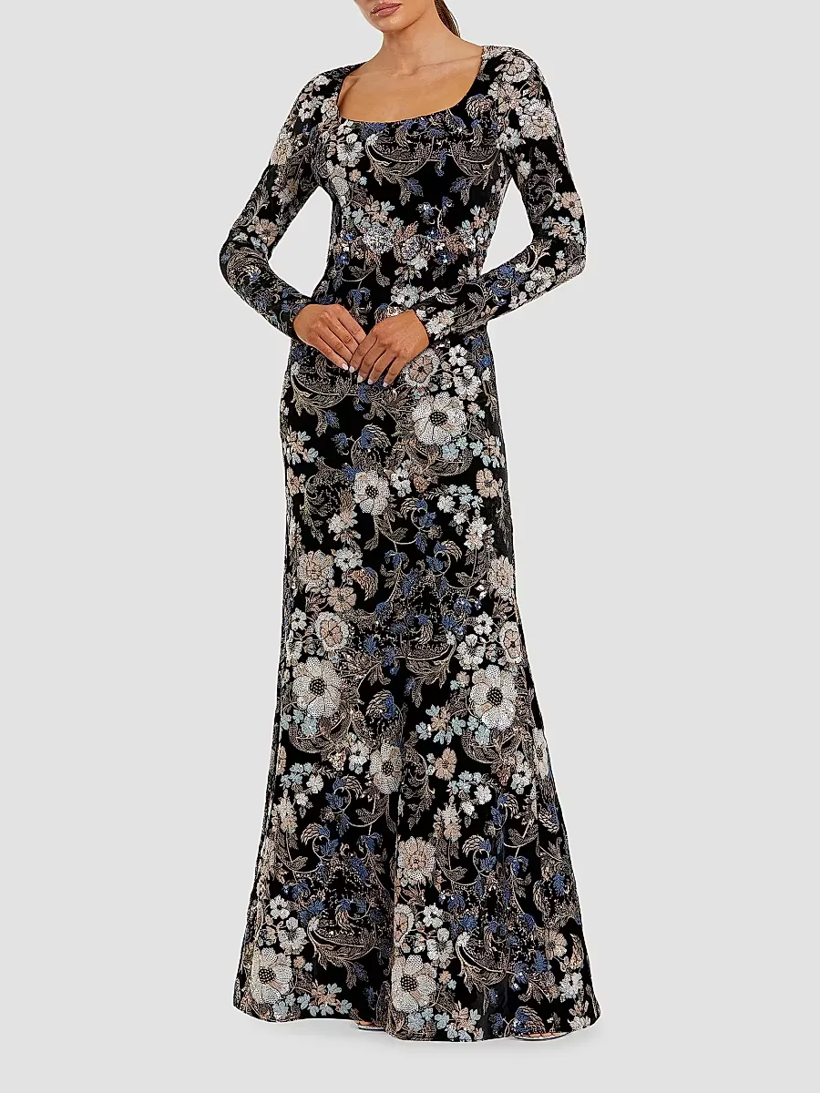 Mac Duggal Embroidered Velvet Long-Sleeve Gown by M.A.C.