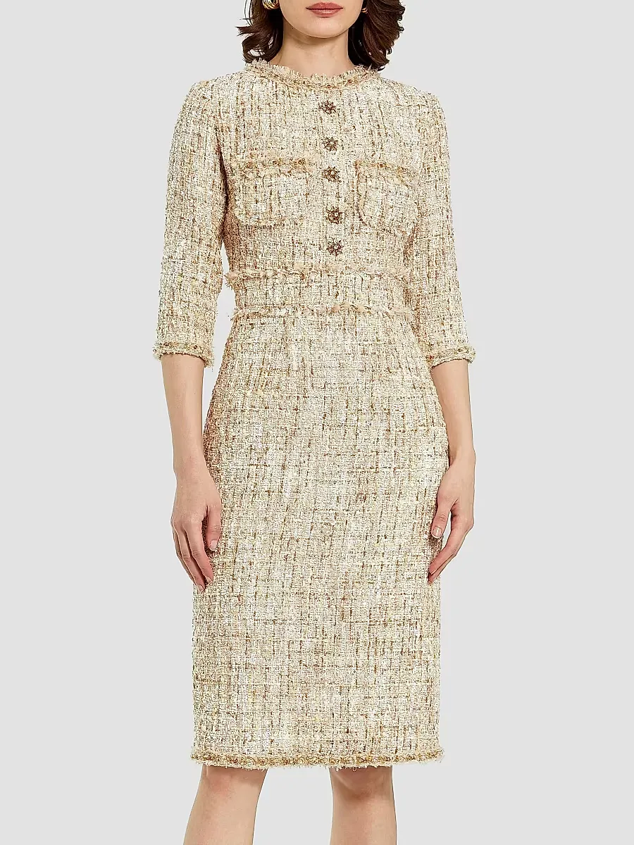 Mac Duggal Embellished Tweed Round-Neck Midi-Dress