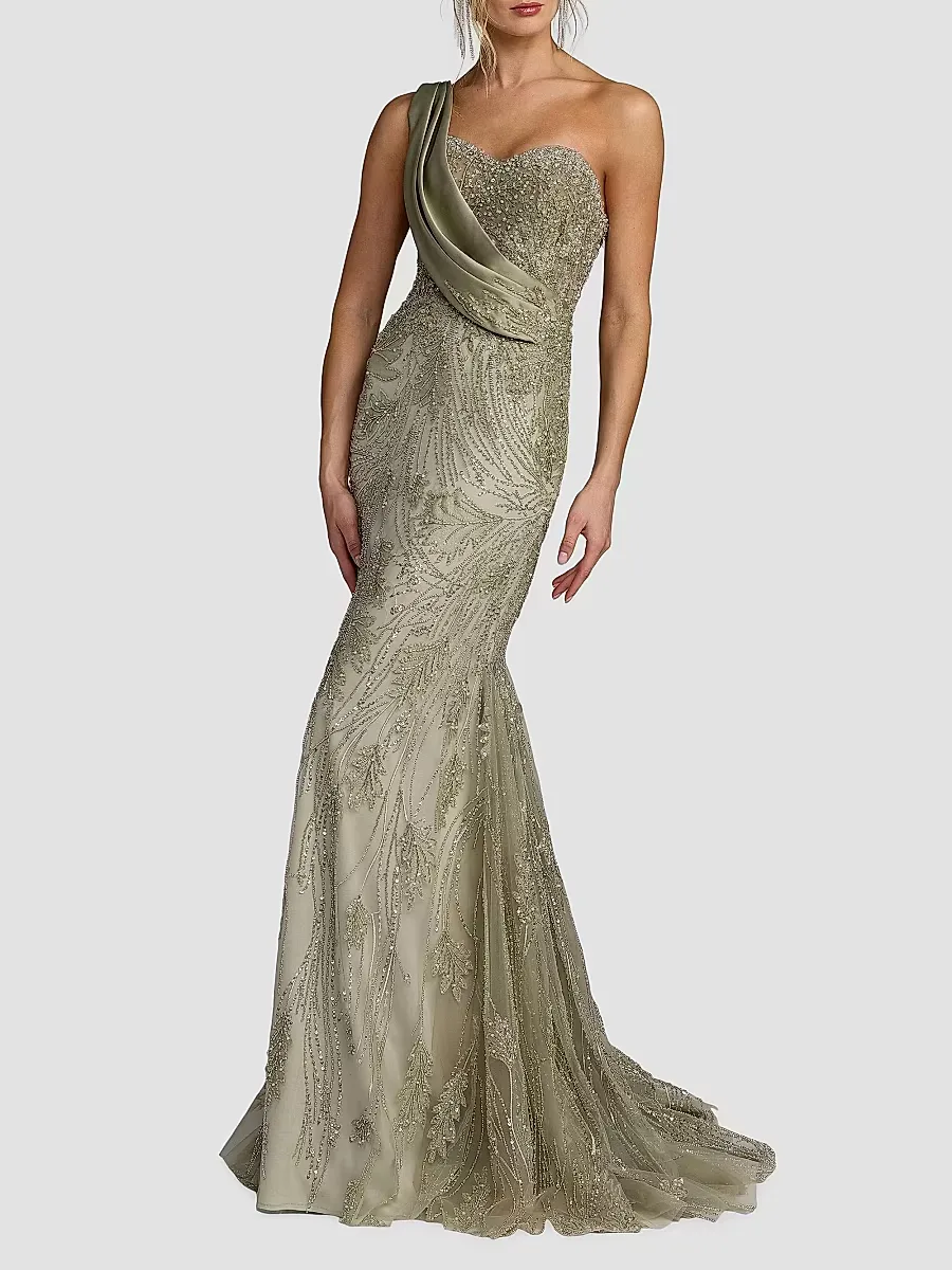Mac Duggal Embellished Taffeta One-Shoulder Mermaid Gown by M.A.C.
