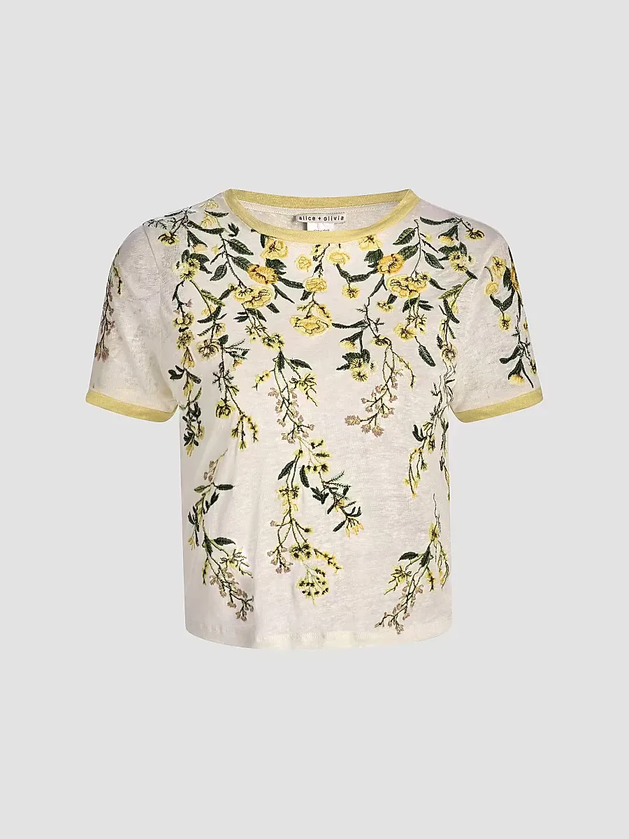 Cindy Embroidered Linen Crop T-Shirt by Alice + Olivia