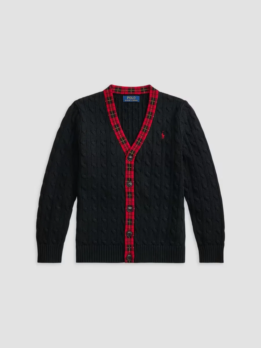 Plaid-Trim Cable Cotton Cardigan by Polo Ralph Lauren