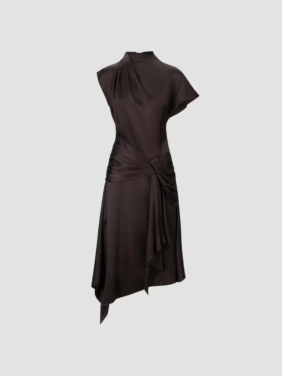 Davina Front-Knot Asymmetric Satin Midi Dress