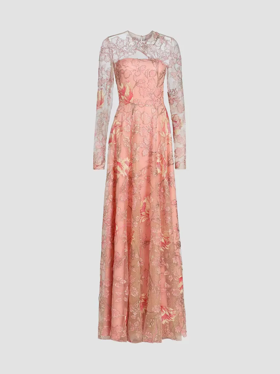 Floral Illusion Neckline Long-Sleeve Gown by Naeem Khan