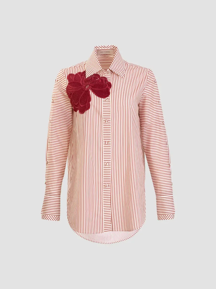 Pinstripe Floral Appliqué Cotton Blouse