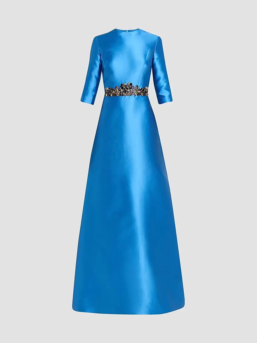 Mikado Embroidered Three-Quarter Sleeve Gown