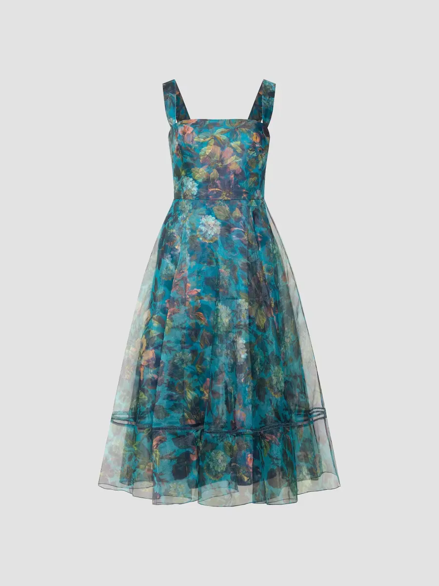 Anissa Floral Organza Square-Neck Midi-Dress by Theia