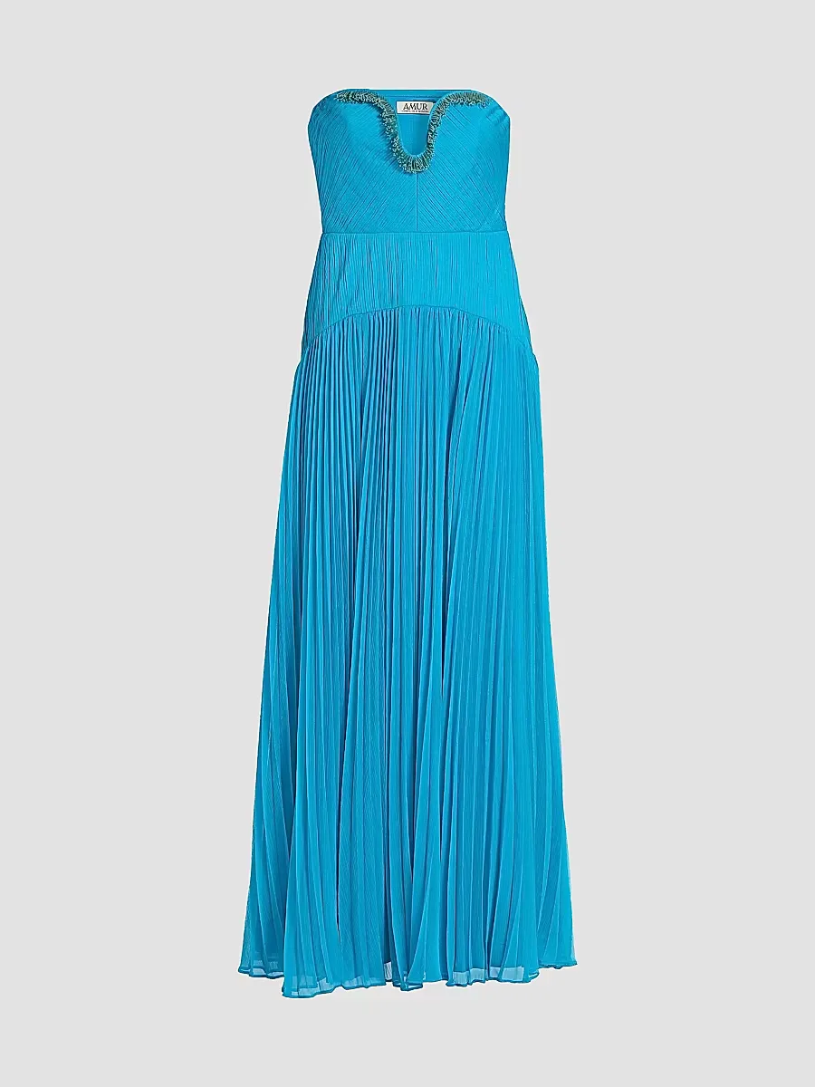 Fiora Beaded Pleated Strapless Maxi Dress