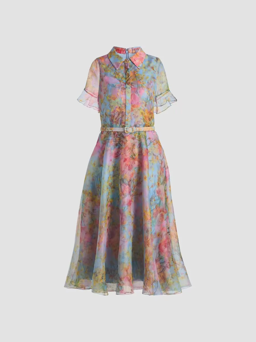 Marcel Floral Organza Midi-Shirtdress by Theia