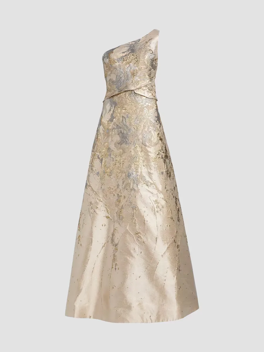 Floral Metallic Brocade One-Shoulder Gown