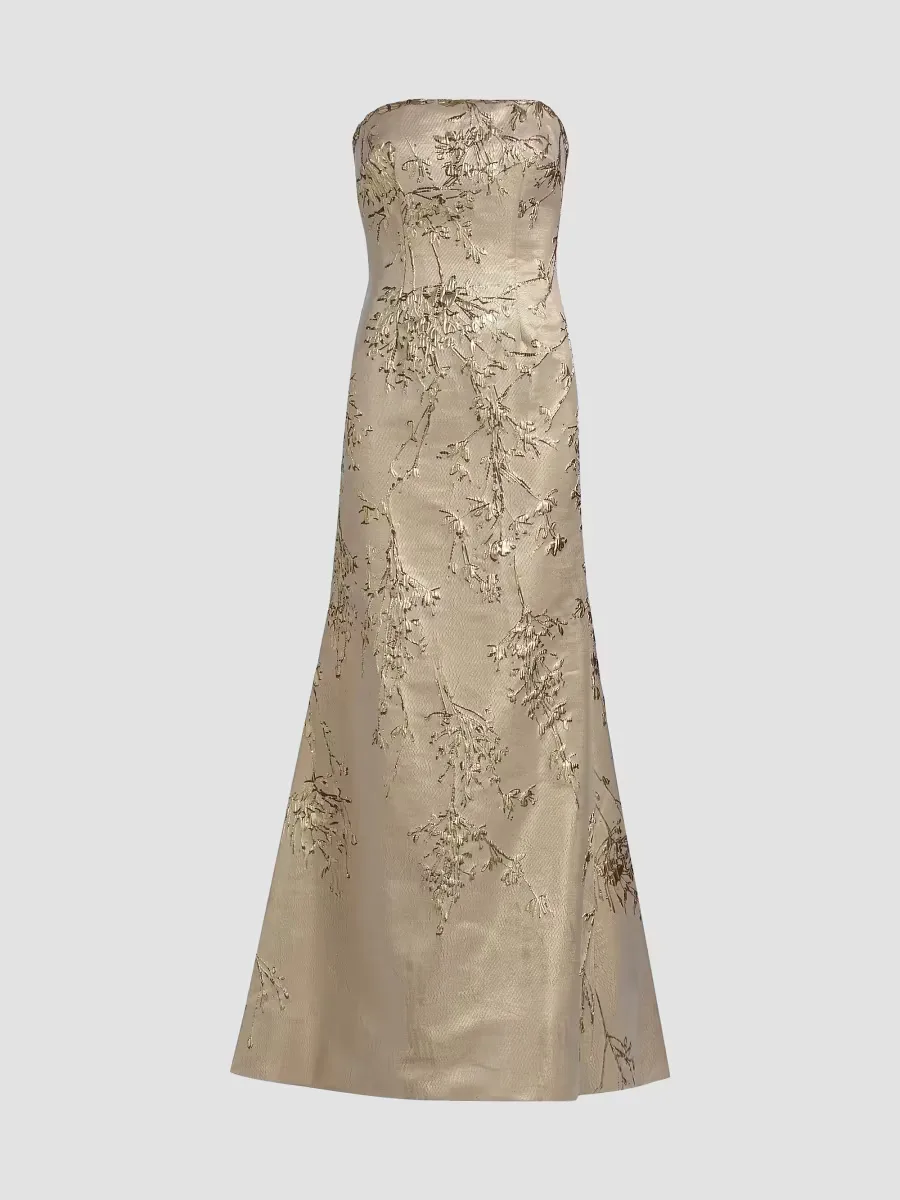 Floral Brocade Strapless Fit & Flare Gown