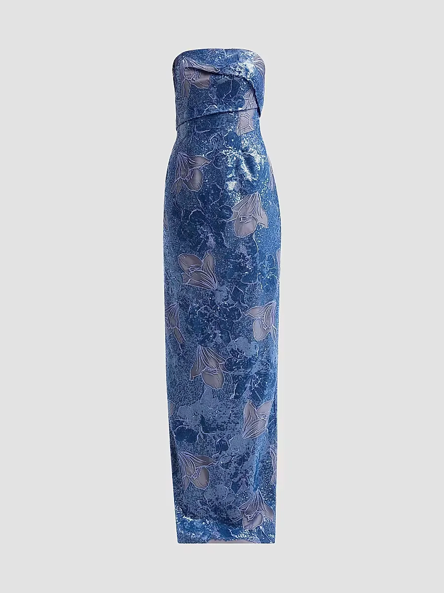Embellished Floral Strapless Column Gown by Rene Ruiz Collection