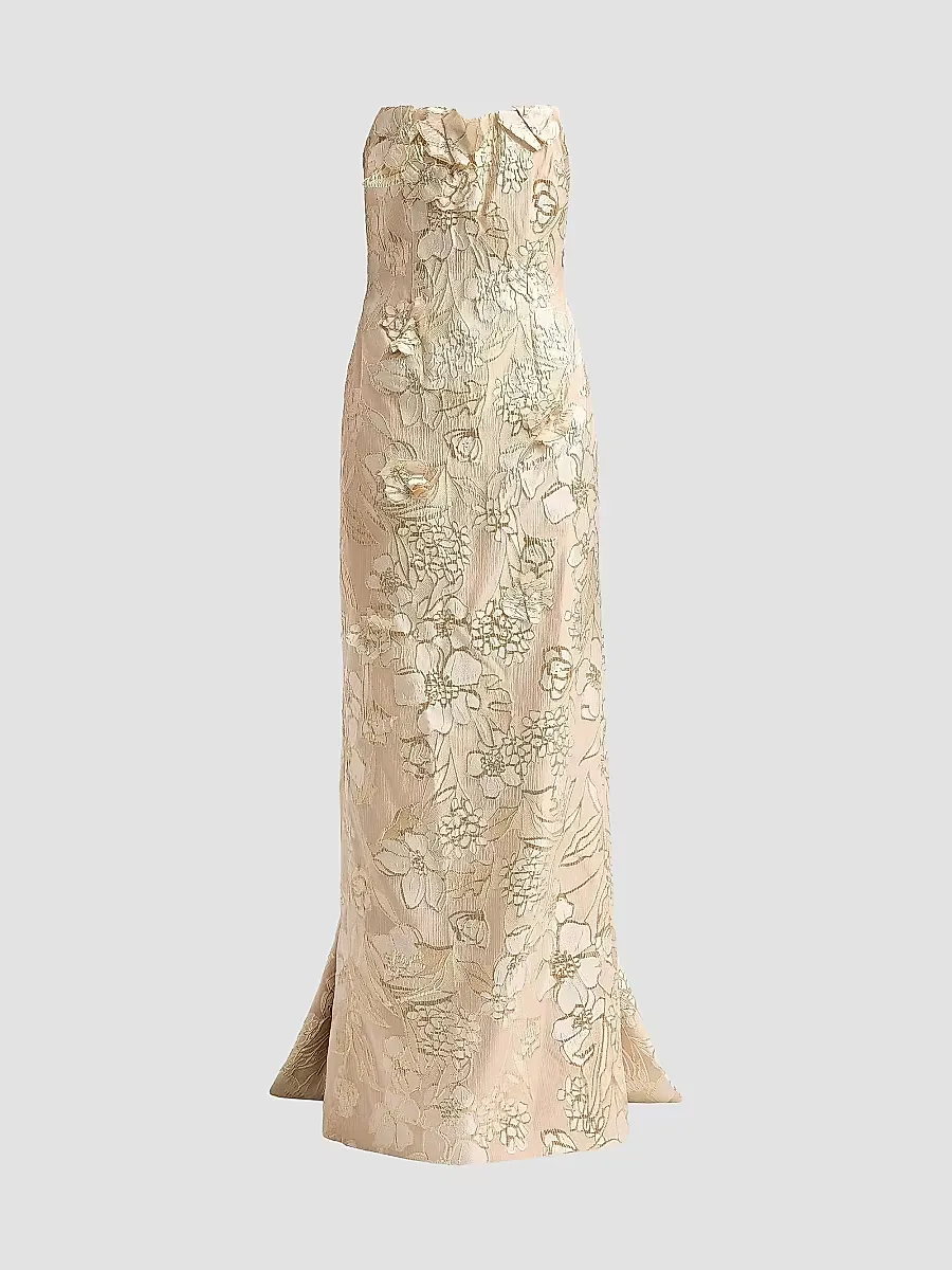 Floral Jacquard Train Column Gown by Rene Ruiz Collection