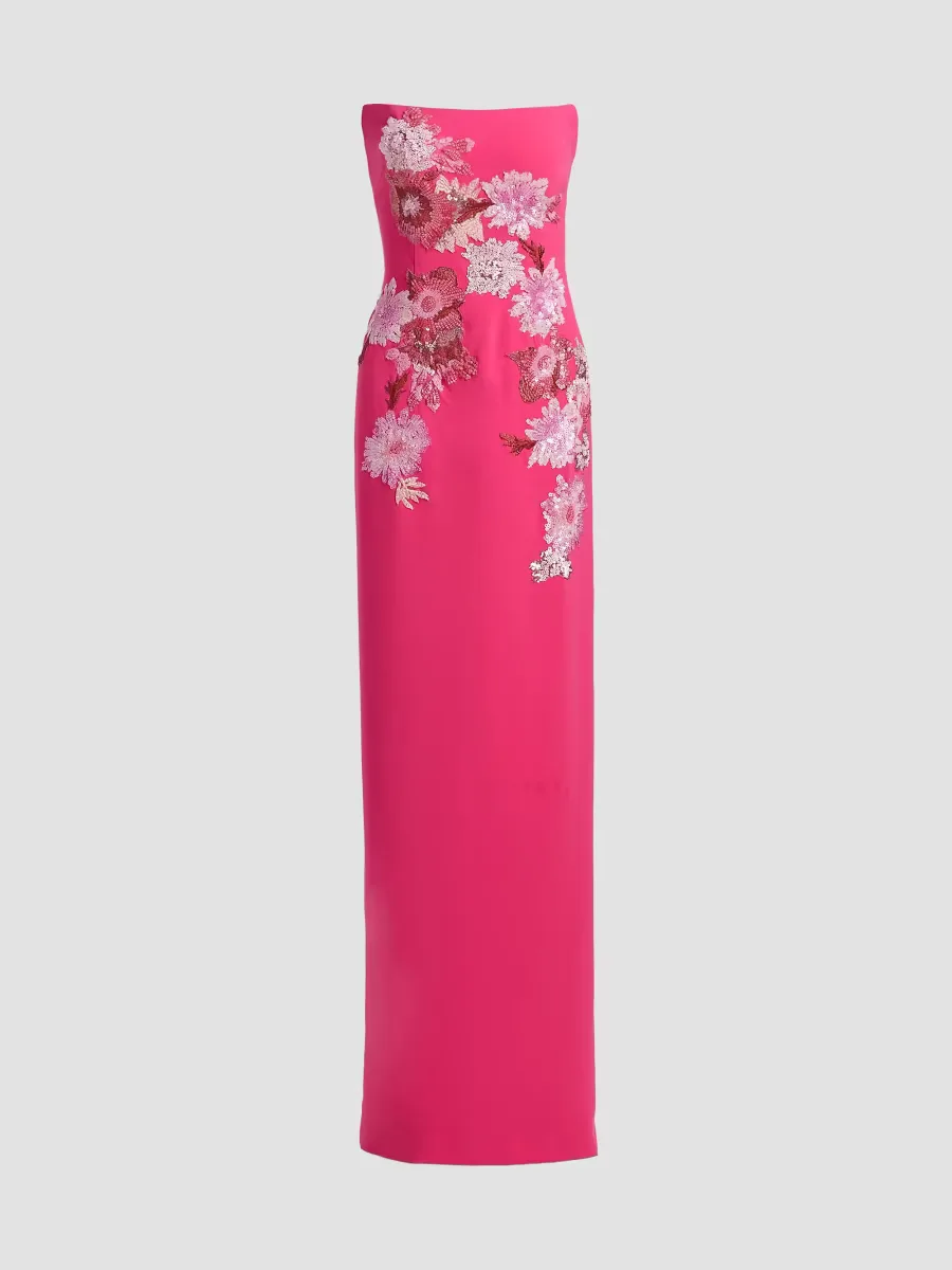 Embroidered Floral Crepe Strapless Column Gown by Rene Ruiz Collection