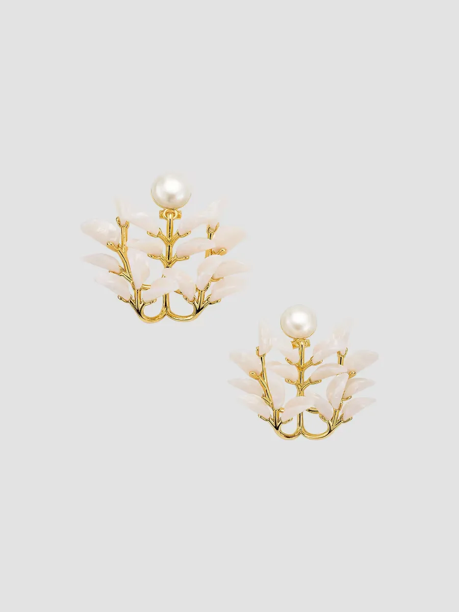 Vine Leaf 14K-Gold-Plated, Imitation Pearl & Resin Chandelier Earrings